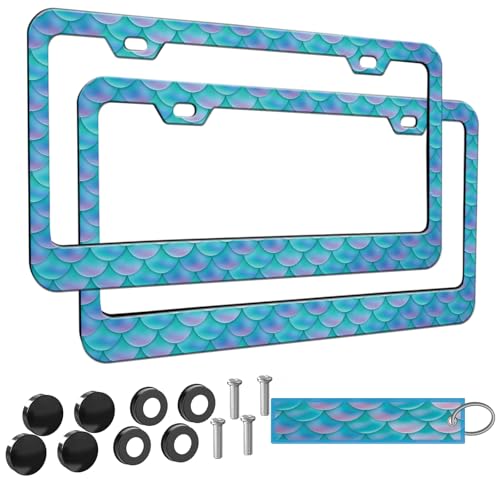 Meigfedam Blue Fish Scale License Plate Frame for Women 2Pc Car Tag