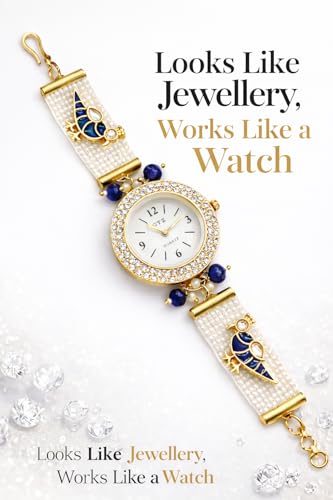 Image of Kashmiri Bracelet Watch for Women Stylish | Pearl Strap Jewellery Watch with Blue Bird Design | Ethnic Wrist Watch for Girls | Wedding, Festive & Gift