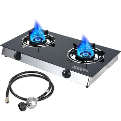 Image of Llamaviva 2 Burner Propane Stove, High Output Gas Cooktop with Tempered Glass Surface, Portable Double Burner Gas Stove for Outdoor Camping, RV & Indoor Use, 19K BTU, CSA Certified Regulator & Hose