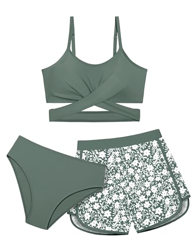Image of Girls Swimsuit 3 Piece Bathing Suit Criss Cross Bikini Set Girls' Swimwear with Shorts 7-16T