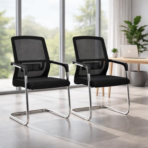 Image of TOBY Set of 2 Ergonomic Visitor Chairs with Lumbar Support, Breathable Mesh Back, Cushioned Seat, Fixed Armrests & Metal Sled Base - Office, Waiting Room, Conference Chair (Black)