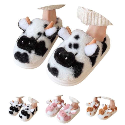 Genérico Pantuflas de vaca para mujeres y hombres pantuflas de felpa suaves y antideslizantes, zapatos cálidos de invierno con espuma viscoelástica cómoda