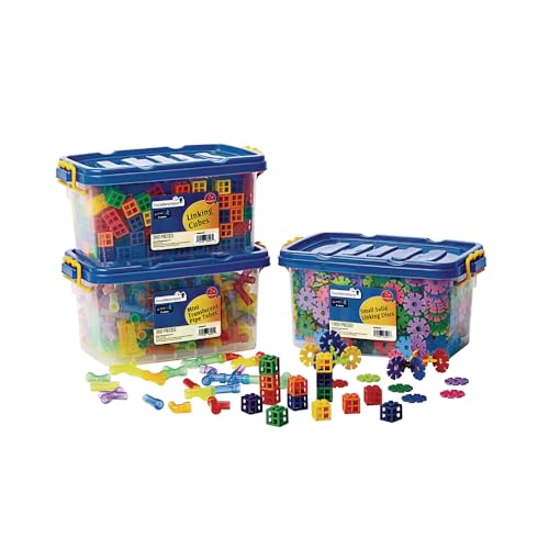 Image of Excellerations Linking Disc Flake Connectors, Mini Pipe Tubes and Grid Linking Cubes, 1660 Pieces, Set of 3 in Storage Bins, Preschool Building Bricks, Construction