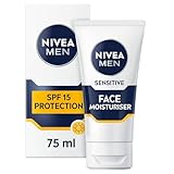 NIVEA MEN Sensitive Face Moisturiser SPF15 (75ml), 0% Alcohol Moisturiser Relieves 5 Signs of Skin Irritation and Protects Skin Against UVA/UVB Rays, Non-Greasy Formula