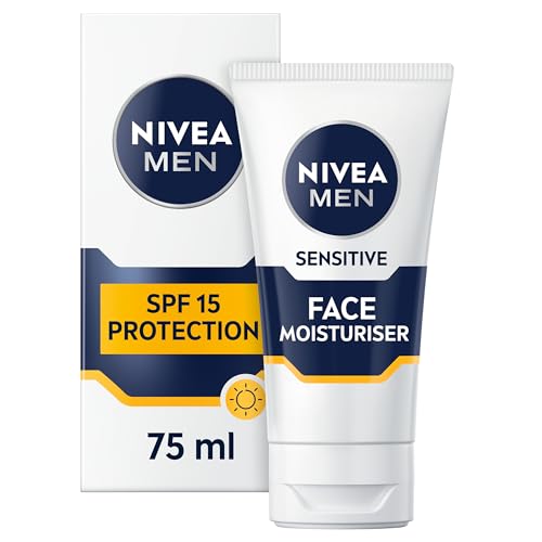 NIVEA MEN Sensitive Face Moisturiser SPF15 (75ml), 0% Alcohol Moisturiser Relieves 5 Signs of Skin Irritation and Protects Skin Against UVA/UVB Rays, Non-Greasy Formula