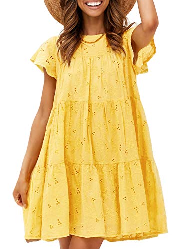 Amegoya Women s Casual Summer Ruffle Babydoll Loose Mini Dress(Yellow 12)