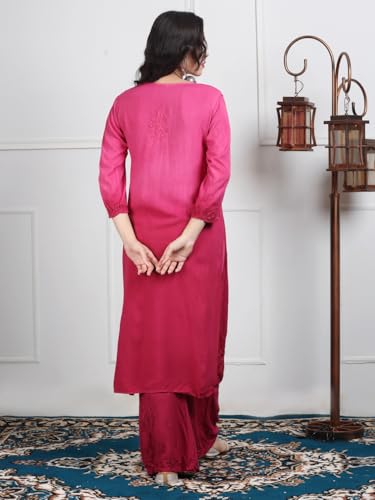 Image of Women's Luxe Lucknowi Chikankari Hand Embroidered Rayon Dyed Kurti Palazzo Dupatta Set - Designer Ethnic Wear for Wedding, Festive & Party Occasions