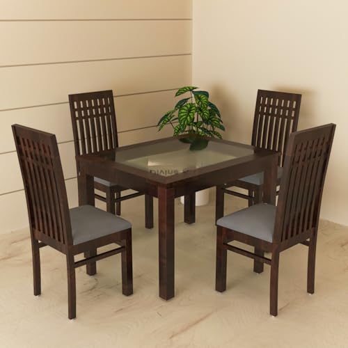 Image of Solid Sheesham Wood Dining Table Set of 4 | Wooden 4 Seater Dining Table with 4 Chairs with Cushion | Wood Dining Table & Chairs for Home, Restaurant, Cafe, Dining Room | Walnut Finish
