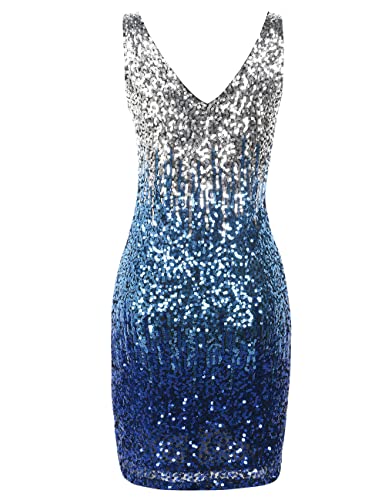 Prettyguide Women's Sequin Cocktail Dress V Neck Bodycon Glitter Party Dress Xl Silver/Lake Blue/Blue #TOP4
