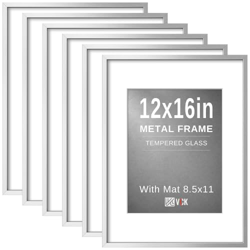Image of VCK 12x16 Frame Silver Metal, Real Glass, 8.5x11 Mat, Set of 6, for Picture