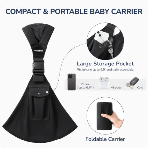 Image of Baby Sling Carrier with Wide Shoulder Padding, 100% Cotton | Adjustable Waist Strap, Ergonomic Hip, Storage Pocket, Hands-Free & Comfortable, for Toddlers 4-36 Months (8-35 lbs)