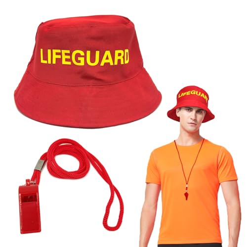 EUPSIIU 2 Pièces Costume de Sauveteur Accessoires de Sauveteur avec Chapeau de Soleil Rouge Sifflet en Plastique, Costume de Carnaval Chapeau per Adultes...
