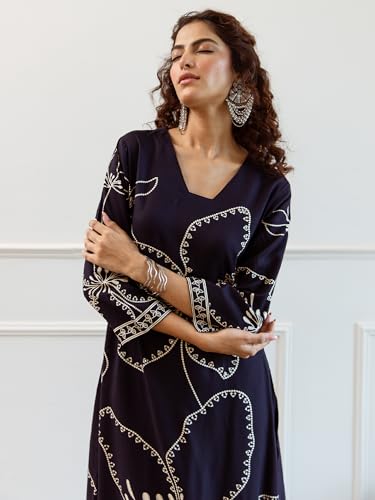 Image of INDO ERA Women Viscose Rayon Floral Embroidered Straight Kurta & Pant Set (IEOUT6941)