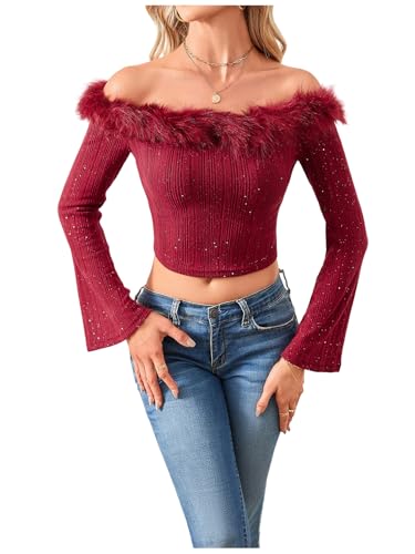 MakeMeChic Women's Faux Fur Crop Tops Bell Sleeve Off Shoulder