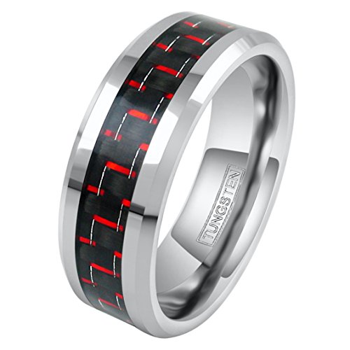 King's Cross Dazzling 8mm Silver-Tone Tungsten Carbide Wedding Band w/Red & Black Carbon Fiber Inlay2