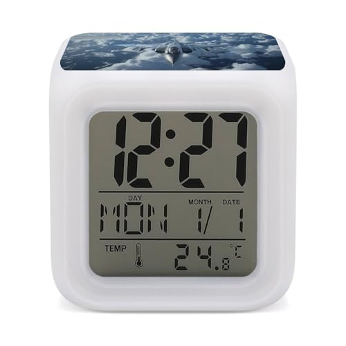 Fighter Jet F-209 - Reloj despertador digital con 7 colores cambiantes, luz nocturna para dormitorio con fecha y temperatura