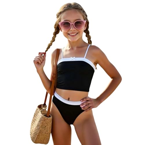 Girls Swimming Costume 2 Piece Bikini Set Kids Cute Adjustable Bikini Top Backless and Swimwear Briefs Swimsuit Toddler Bathing Suit Teen for Summer Beach Ages 5-12 Years (Black, 5-6 Years)