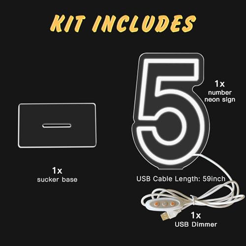 Image of YALLOVE Neon Sign Number 5, 9.8 inches Height USB Powered Night Light-up Numbers for Birthdays Decor, Party Anniversary, Cafe Bar Decor (Small)
