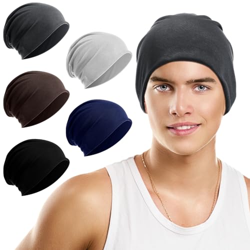 Syhood 5 Pcs Unisex Slouchy Beanie Hats for Men Women Summer Beanie Hats Lightweight Baggy Dwarf Soft Chemo Sleep Caps(Classic Colors)
