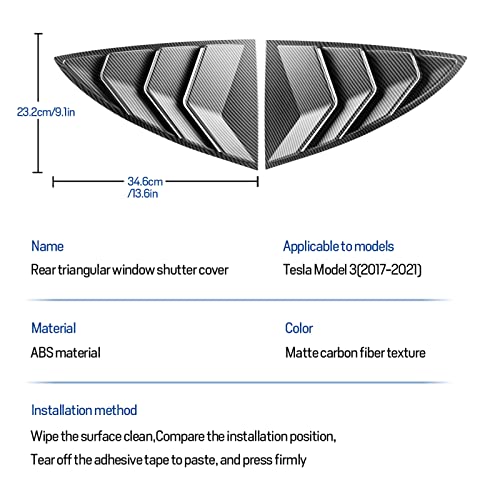 Kungkic For Tesla Model 3 2017-2023 Rear Side Window Louvers Air Vent Scoop Louvers Window Scoop Louvers Covers Abs Sun Rain Shade Vent Sport Style 2Pcs Cool Exterior Decoration Matte Carbon Fibre #TOP6