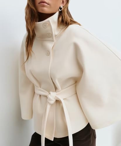 Womens Batwing Sleeve Poncho Pea Coats Elegant Stand Collar Capes Jacket Cloak Belted Fall Trendy Casual Outerwear4
