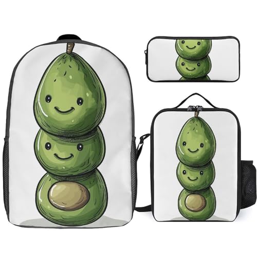 3 Piece Backpack for Women Men Lightweight Causal Daypack Shoulder Bag Set with Insulated Lunch Bag And Pencil Case Organizers Three Green Avocados