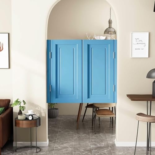 Swinging Doors Cafe Doors, Interior Solid Wood Swing Door, Solid Wood Saloon Doors with Hinges Hardware, Half Waist Door for Kitchen, Shop Entrance, Bar Pub, Indoor Partition(Light Blue,W70xH80cm(27.5
