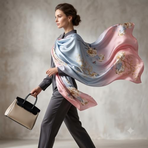 Image of Floral Printed Silk stole | silk Scarf for Women | stylish silk stole for women | Soft Lightweight Stole, Shawl & Neck Wrap | Scarf for Wedding, Party, Travel & Casual Wear