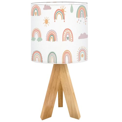 Image of OEPWQIWEPZ Tripod Bedside Desk Table Lamp Hand Drawn Boho Rainbows Cute Set Pastel Earthy Colors Isolated Wood Nightstand Lamp with Linen Fabric Shade for Nursery Bedroom Living Room Kids Room