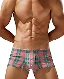 Men's Sexy Low Rise Boxer Brief Soft Pouch Trunks Pajamas Bottoms Fahion Checekered Underpants Button Open Fly Boxer Shorts Pink Plaid X-Large