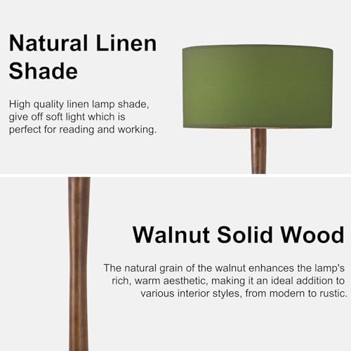 Image of 62 inch Tall Rustic Walnut Wood Floor Lamp with Large Linen Shade, Green