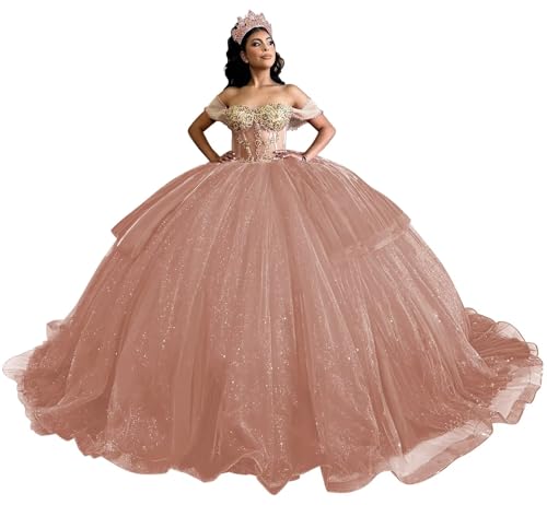 Youjiayi Glitter Gold Appliques Quinceanera Dresses with Train Off Shoulder Layered Sweet 16 Dresses Lace Beaded Ball Gown