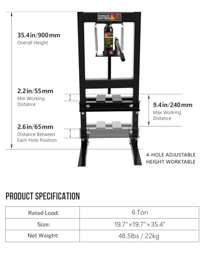 Hydraulic Press,6 Ton H-Frame Garage Floor Adjustable Shop Press with Stamping Plates to Bend, Straighten, Or Press Parts, Install Bearings & U-Joints