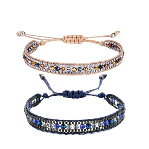 Genérico Pulseras Bohemias trenzadas, Set de 2, cuentas multicolor, Ajustables,...