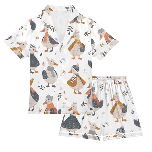 ALAZA Goose Duck Winter Pajamas Satin Pajama Set Short Sleeve Button Down Sleepwear