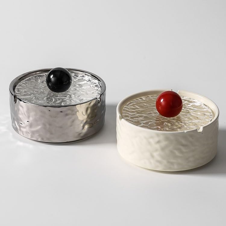 ばいじんちょぞう デスクトップセラミック旅行ポータブル灰皿、ガラス蓋付き、ホームオフィスの装飾用 灰皿(白)