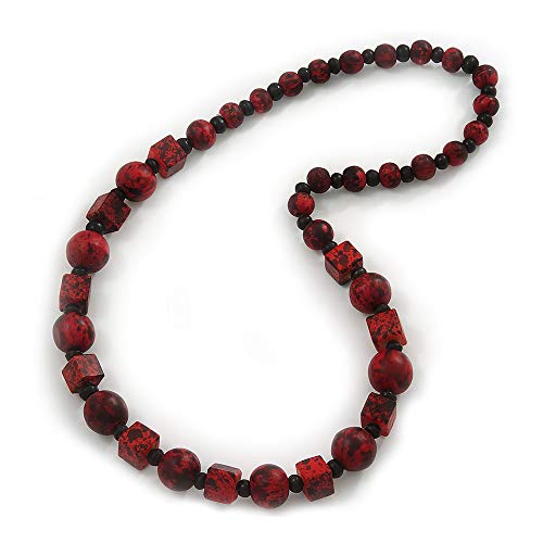 Avalaya Collar largo de madera rojo y negro con forma de cubo y bola, 74 cm de longitud, talla única, Madera