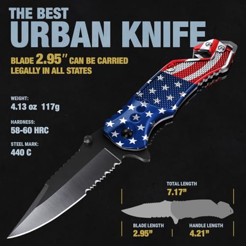 Image of GOOD WORKER Legal Pocket Knife with 2.95 inch Serrated Blade, Glass Breaker, Seat Belt Cutter - EDC Sharp Folding Knives with Portable Clip - Small Tool for Tactical Camping Survival Hiking - Gifts for Men, Women