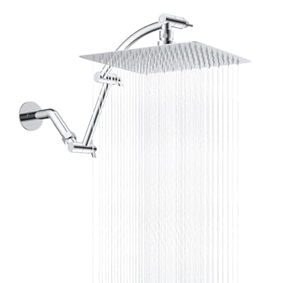 Hibbent All Metal Rain Shower Head, 10'' High Pressure Rainfall Square Showerhead with 16" Shower Head Extension Arm, Solid Brass Adjustable Shower Arm Extender, Waterfall fixed Showerheads, Chrome