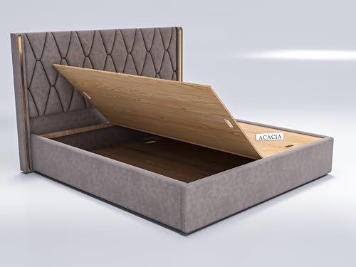 Image of Acacia Modern King Size Upholstered Bed with Box Storage for Bedroom | Wooden Double Bed with Storage | Platform Cot Bed with Upholstery Premium Fabric | 6.5 x 6 Ft | Sheesham Solid Wood | Brown Dust