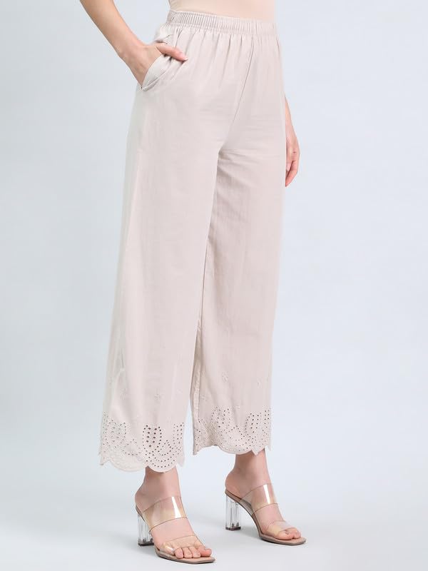 Image of GO COLORS Women's Cotton Hakoba Palazzo | Ankle Length, Schiffli Embroidery, Relaxed Fit, Mid-Rise with Side Pocket