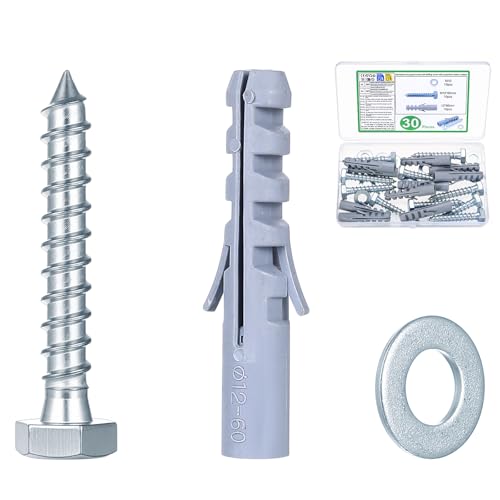 10 SetVis et Chevilles Set, M12 x 60mm Cheville Parpaing Creux avec M10 x 60mm Vis Hexagonaux, Boulons de Fixation Murale et Vis à Autotaraudeuses pour...