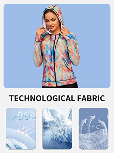 Attraco Women's Long Sleeve Hooded Rash Guard Shirt Adjustable Side Pocket Upf 50+ Zippper Top Rainbow Large #TOP7