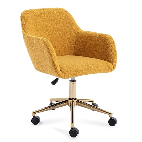 Image of FOXHUNTER Vanity Chair with Wheels 360 Swivel, Teddy, Yellow | Home office desk chairs,adjustable height accent chair for living room,bedroom