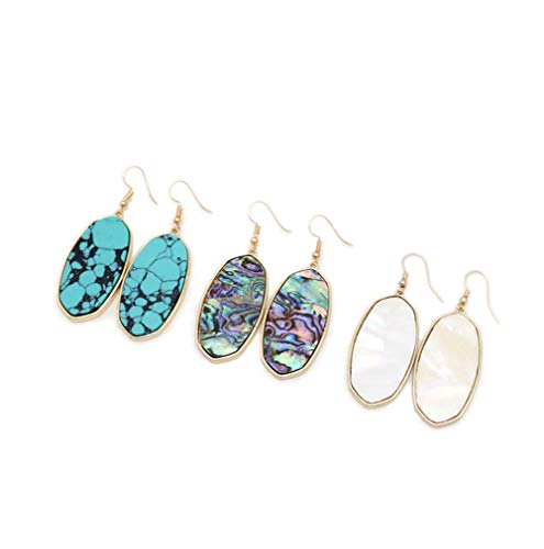 Natural Gemstone Turquoise Oval Abalone Shells Hook Earrings Women's Fashion Water Drop Ear Pendant Dangle Earrings (Abalone Shell) #TOP5