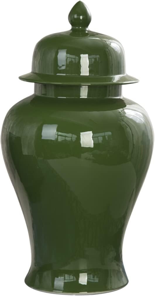 Vase Desktop Green Ceramic Vases Ginger Jar With Lid for Home Decor,large Oriental Temple Antique Traditional Chinese Porcelain Dried Flower(M)