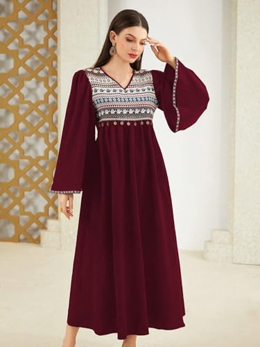 Tadkee Women's Geometric Pattern V-Neck Bell Sleeve One Piece Dress (Fn-V-Flared-One-Piece-126-Maroon-L)