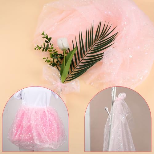 Tüllstoff Glitzer Rosa Dekostoff mit Sternen Sparkly Stoff 155 * 100 cm Tülls Rolle Glitzer Garn Tüll Deko Stoffe Garn Tüll Stoff Weich und Fein Dekoband für Hochzeit Party Geschenke Deko Basteln