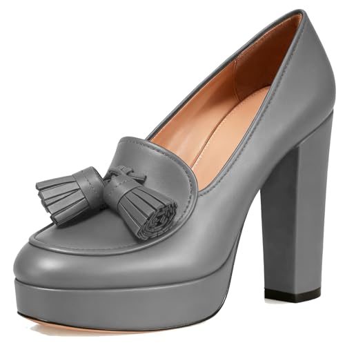 Image of SHODENSE Women Vintage Chunky Platform Loafers Pumps Tassel Round Closed Toe Slip On Suede Block High Heel Dress Loafer Shoes Buckle Strap Oxford Loafers Fringe Pump Dressy Chic Sexy Y2k 4-11 M US