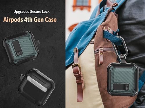 Image of Olytop for Airpods 4 Case with Lock Clip, Rugged Apple Airpods 4th Generation Cover 2024 Men Women, Armor Shockproof iPod 4 Gen Protective Hard Shell with Carabiner&Cleaner kit,CF Black /Green